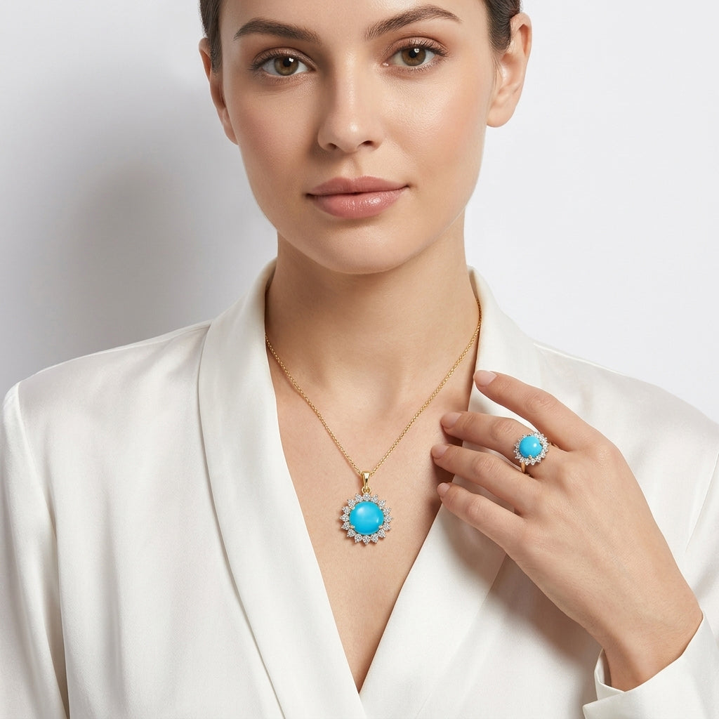 D’Joy AA Sleeping Beauty Türkis und Zirkon Ring und Anhänger mit 45cm Kette