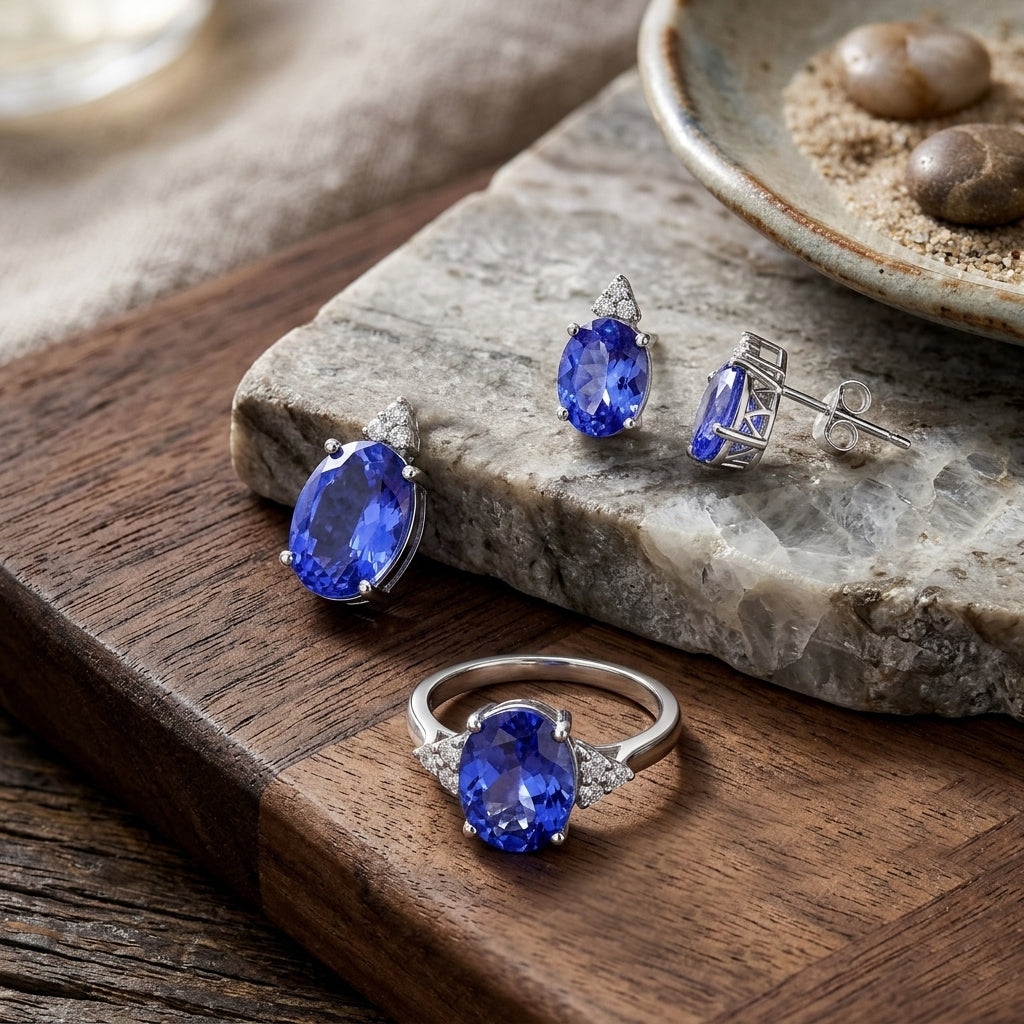LUXORO AGI zertifiziert und geprüft AAAA Tansanit und Diamant Schmuckset in 585 Weißgold