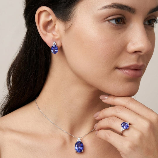 LUXORO AGI zertifiziert und geprüft AAAA Tansanit und Diamant Schmuckset in 585 Weißgold