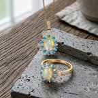 AA äthiopischer Welo Opal Neon Apatit und Moissanit Ring und Anhänger mit 50cm Kette