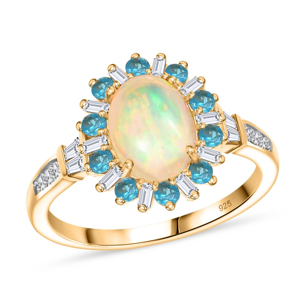 AA äthiopischer Welo Opal Neon Apatit und Moissanit Ring und Anhänger mit 50cm Kette