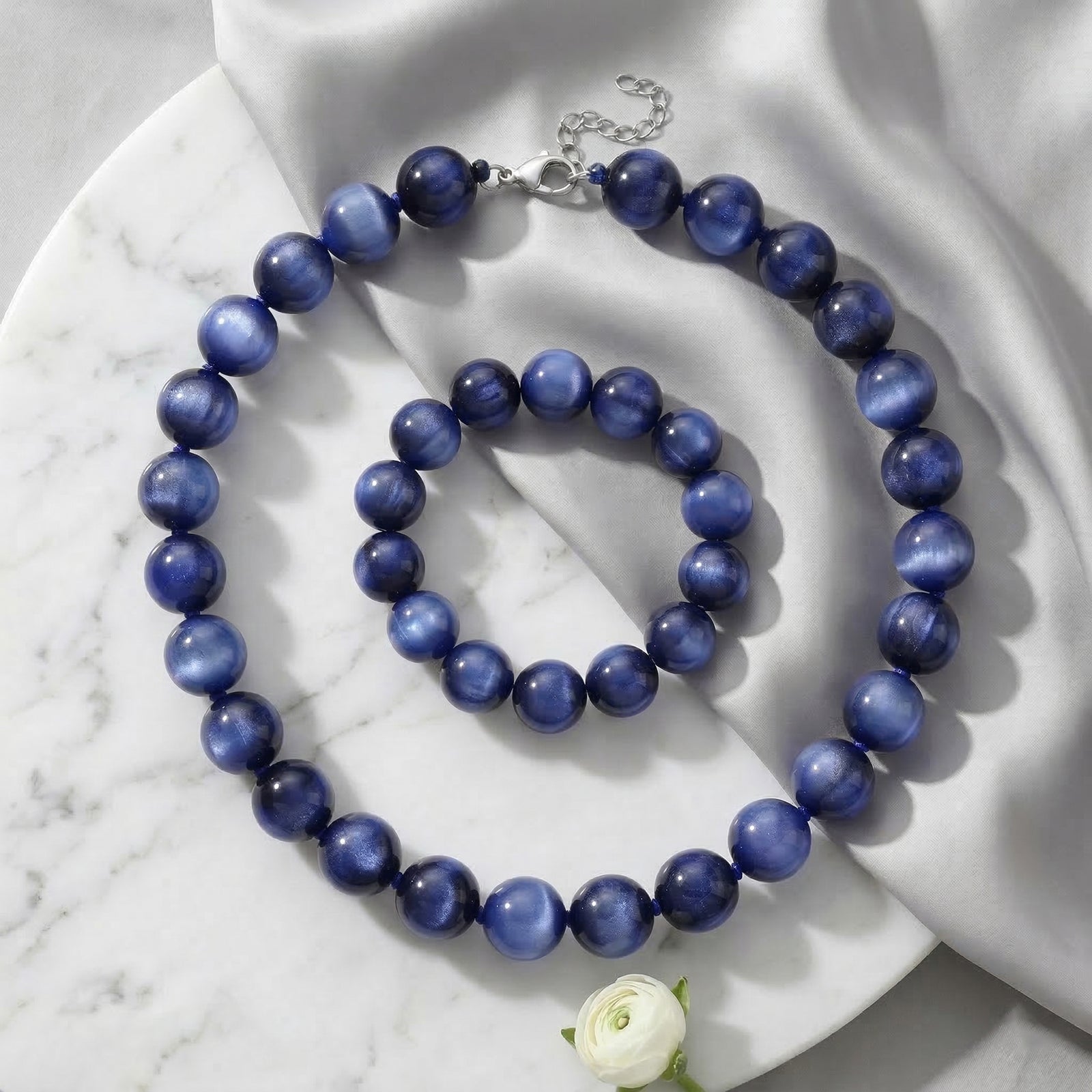 Simuliertes flexibles blaues Katzenauge Armband und 45+5cm Halskette