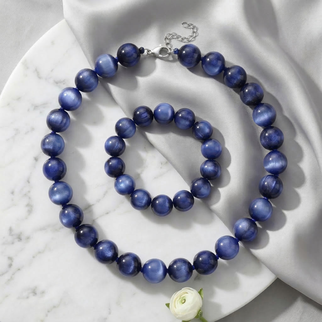 Simuliertes flexibles blaues Katzenauge Armband und 45+5cm Halskette