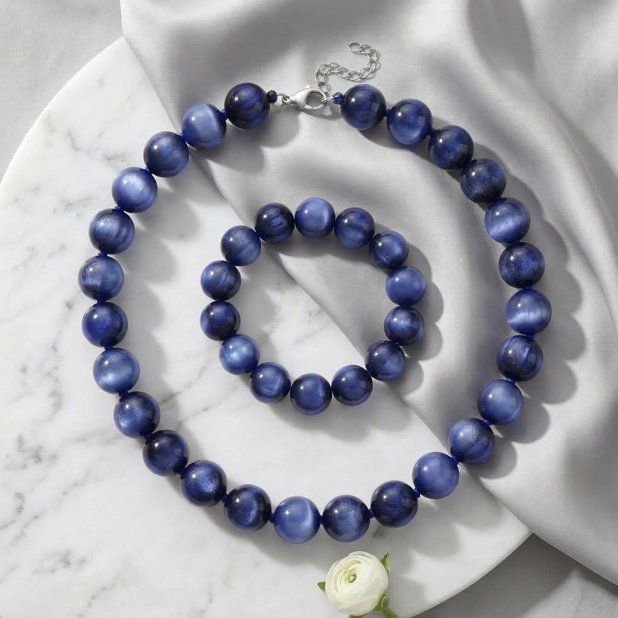 Simuliertes flexibles blaues Katzenauge Armband und 45+5cm Halskette