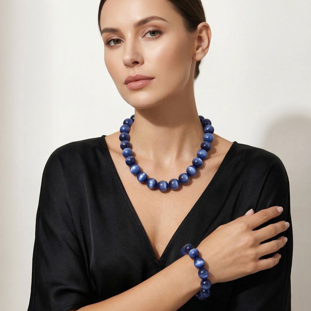 Simuliertes flexibles blaues Katzenauge Armband und 45+5cm Halskette