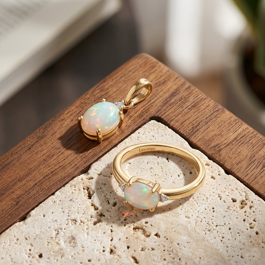 LUXURIANT DIAMOND- AA äthiopischer Welo Opal und Labor Diamant Ring und Anhänger