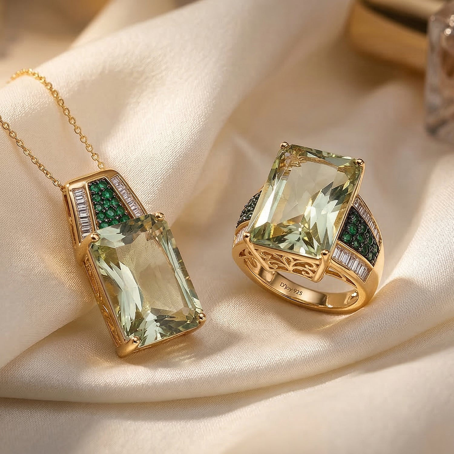D'Joy Prasiolith, Verde Onyx und Moissanit Ring und Anhänger mit 50cm Kette