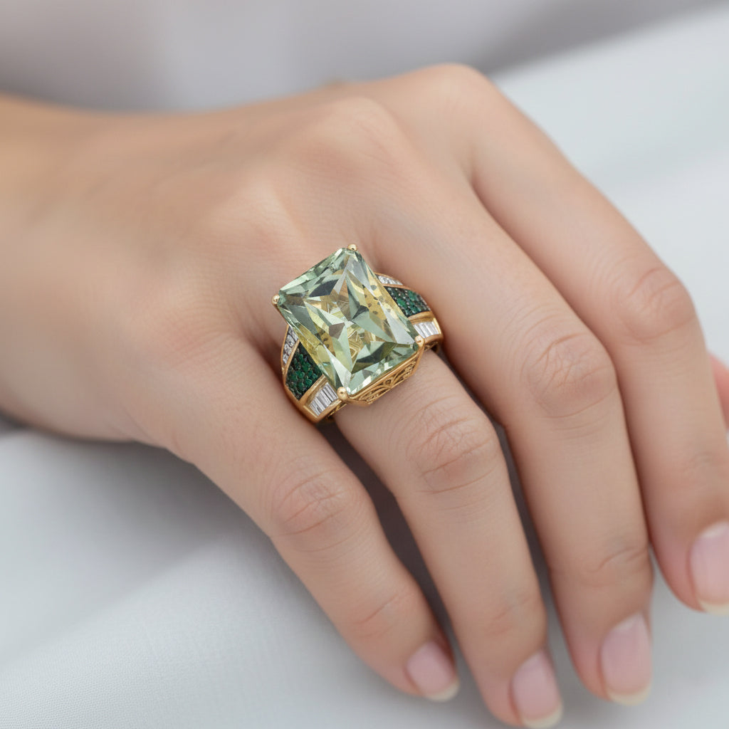 D'Joy Prasiolith, Verde Onyx und Moissanit Ring und Anhänger mit 50cm Kette