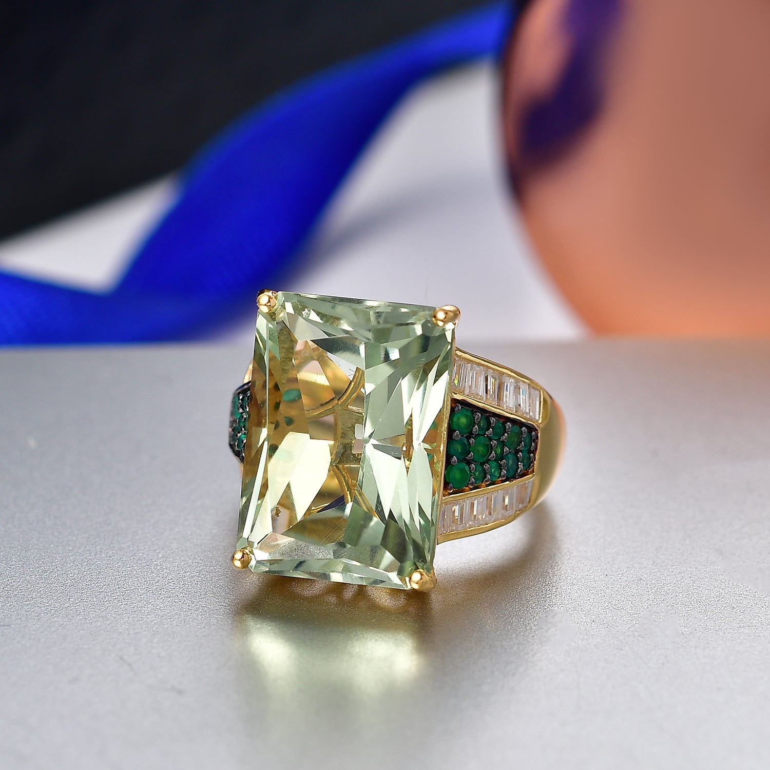 D'Joy Prasiolith, Verde Onyx und Moissanit Ring und Anhänger mit 50cm Kette