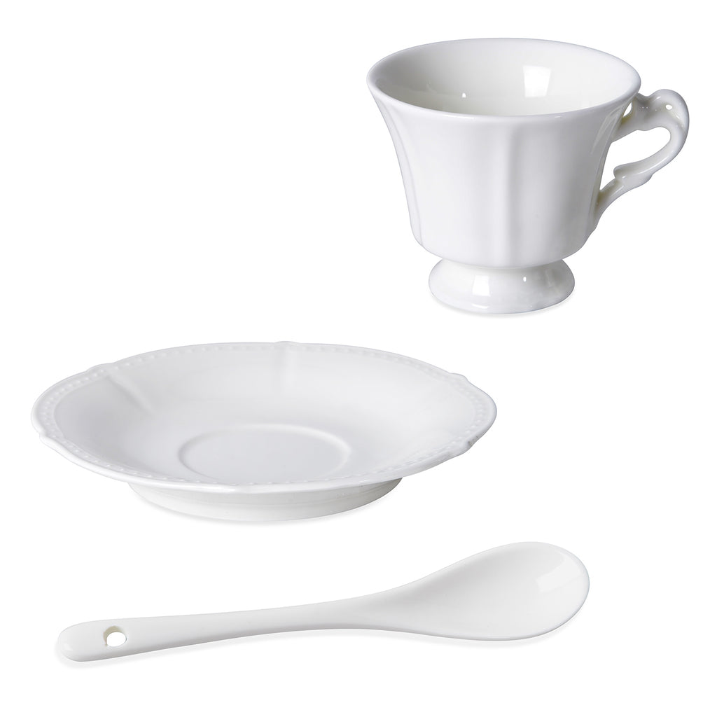 22 teiliges Porzellan geprägtes Tee-Set, 6 Tassen, 6 Teller, 7 Löffel, 1 Teekanne, 1 Zucker, 1 Milch