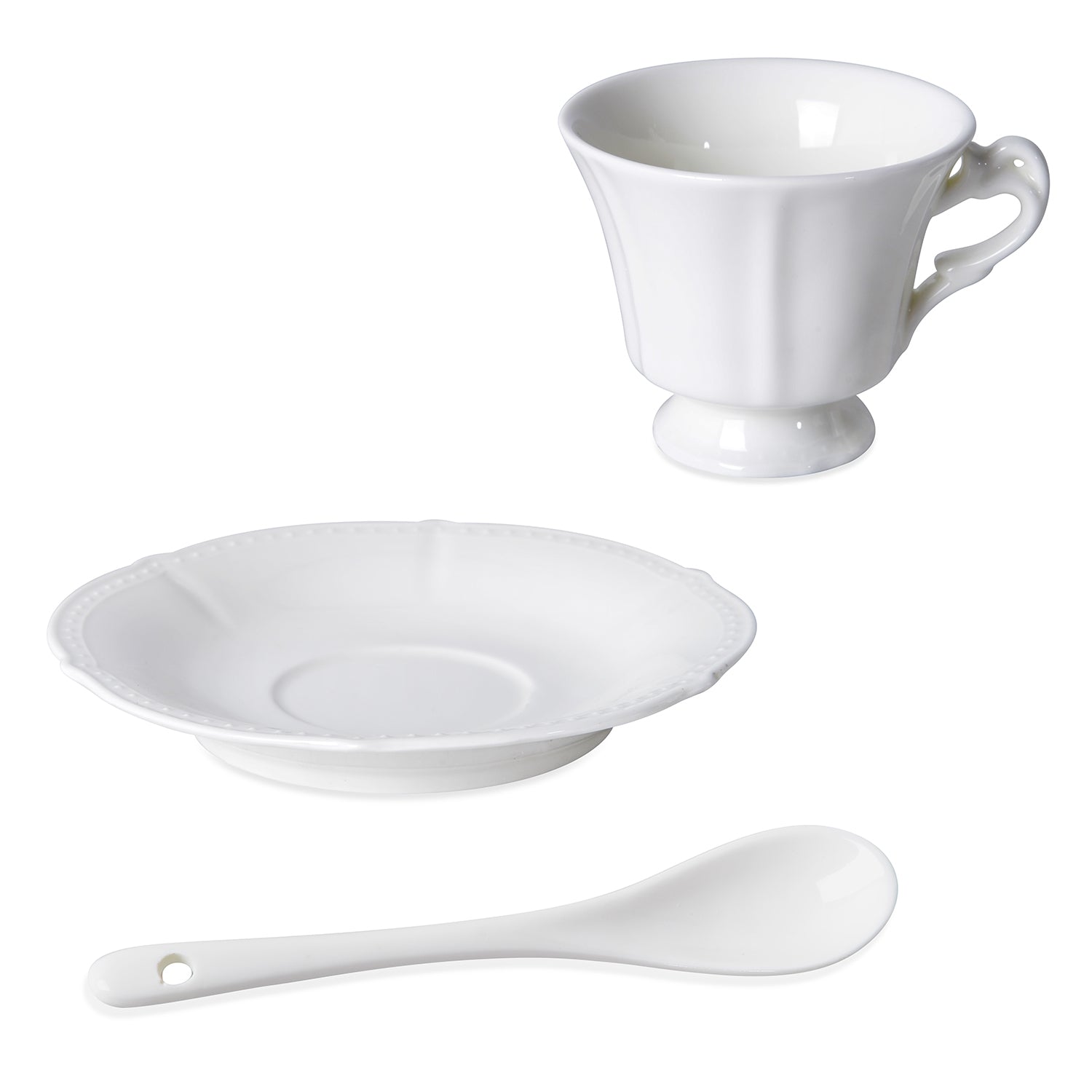22 teiliges Porzellan geprägtes Tee-Set, 6 Tassen, 6 Teller, 7 Löffel, 1 Teekanne, 1 Zucker, 1 Milch