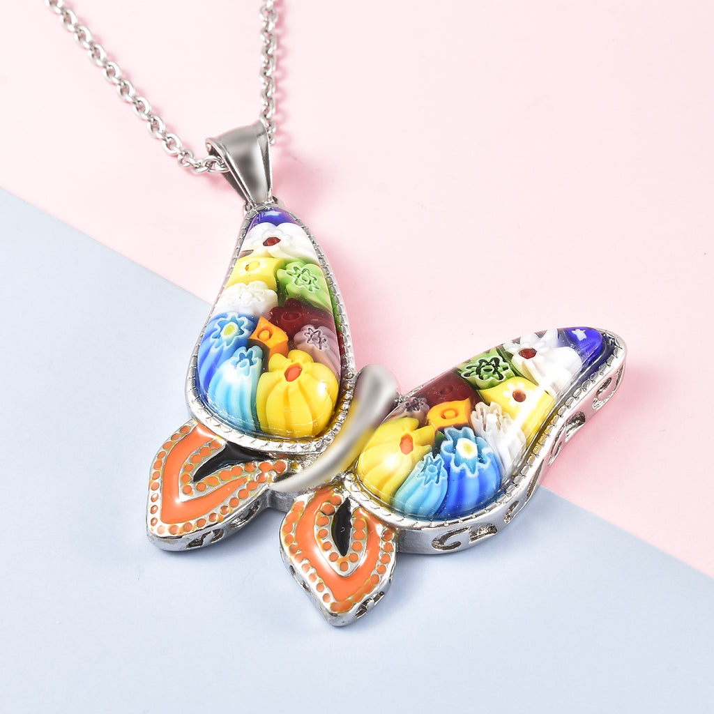 Murano Stil Schmetterlings-Glas-Anhänger mit Kette, Edelstahl ca. 5,00 ct