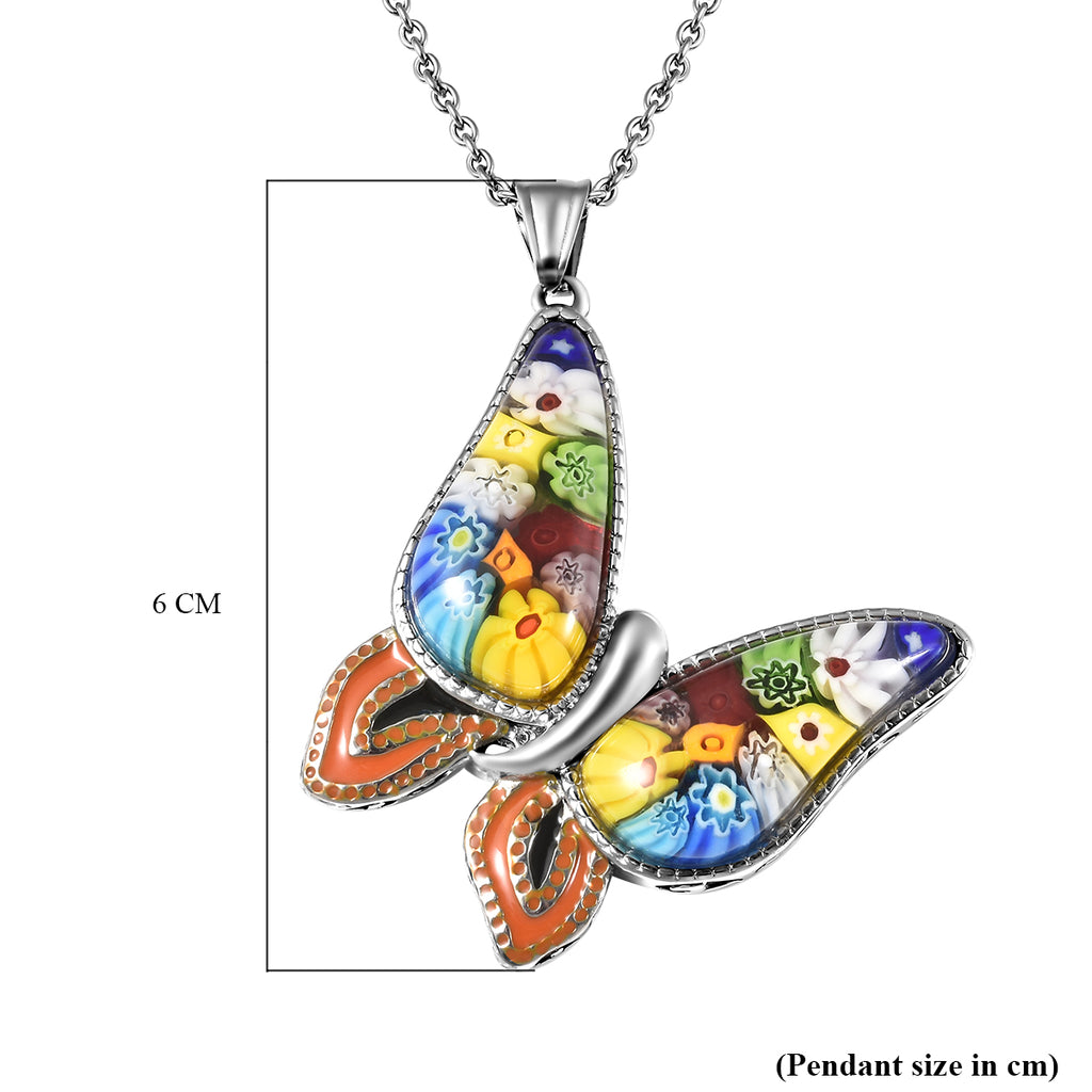 Murano Stil Schmetterlings-Glas-Anhänger mit Kette, Edelstahl ca. 5,00 ct