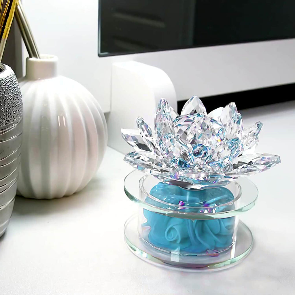 Blaue Kristall-Lotusblume mit drehbarem Sockel und Geschenkbox, blau