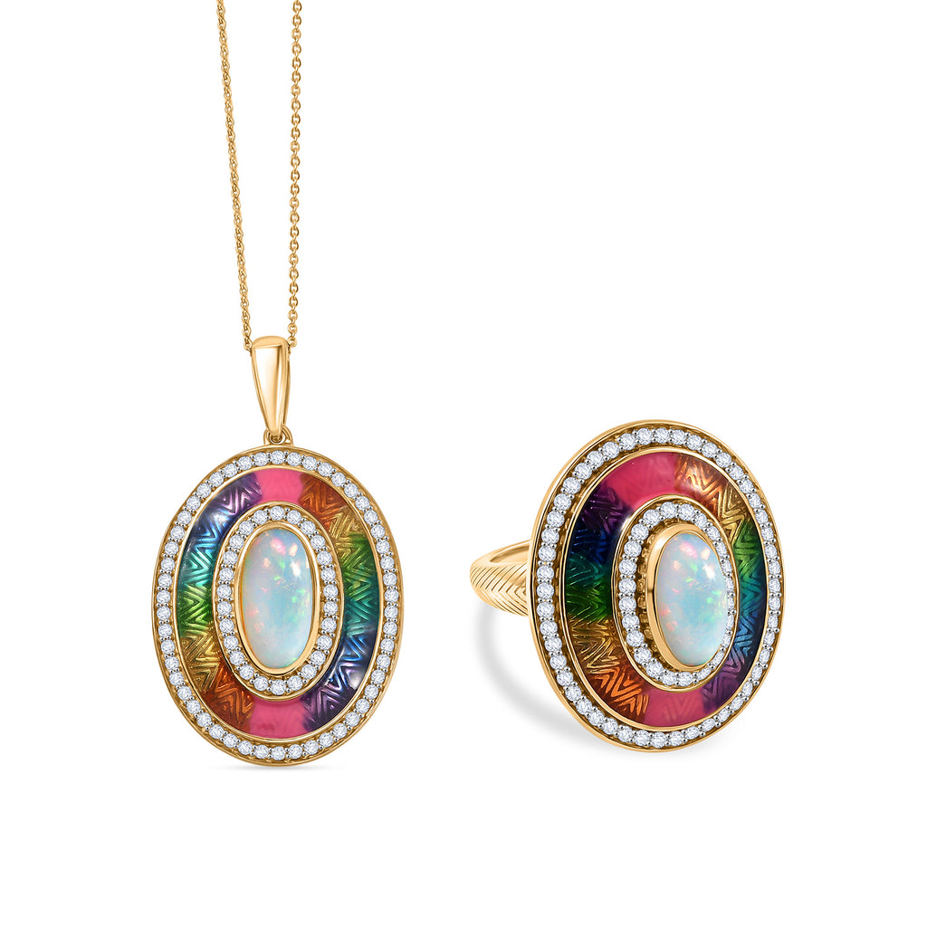 D'Joy AA natürlicher, äthiopischer Welo Opal und Zirkon Ring und Anhänger mit 50cm Kette