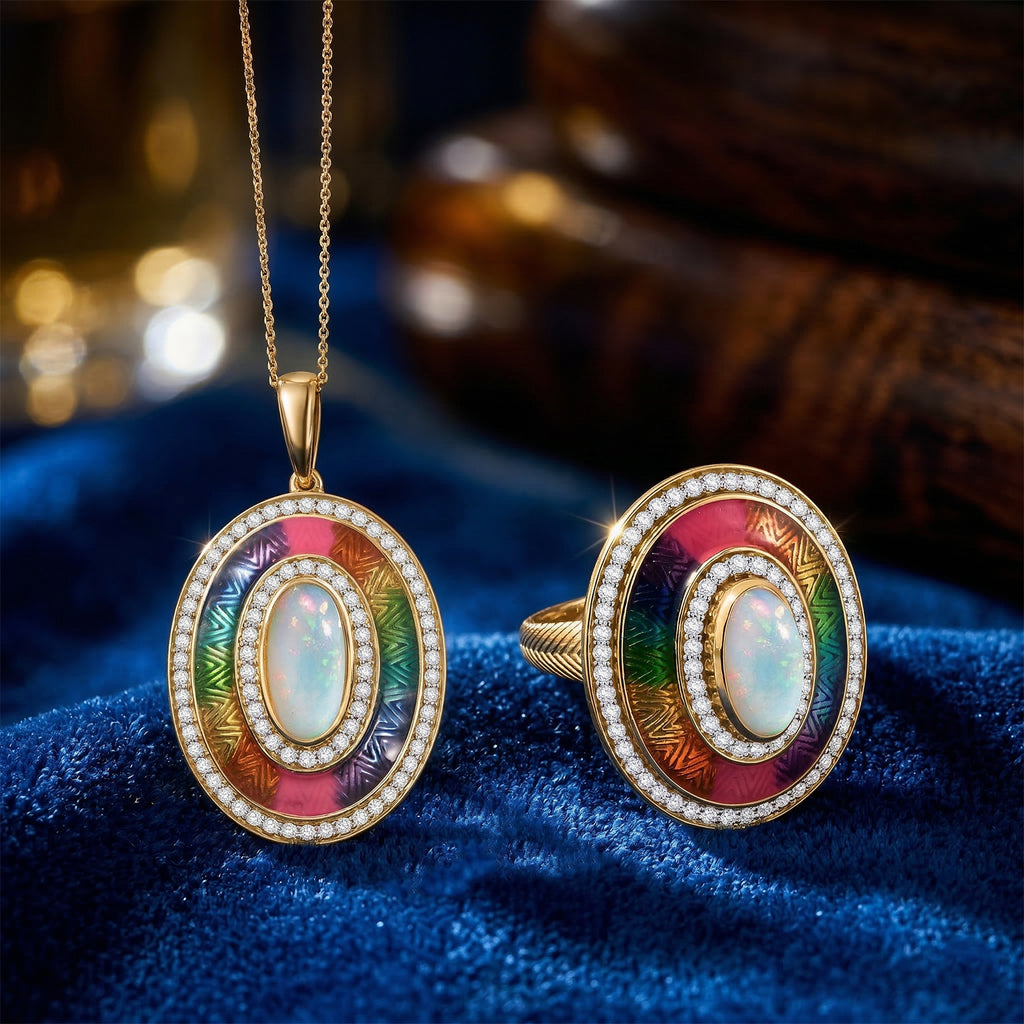 D'Joy AA natürlicher, äthiopischer Welo Opal und Zirkon Ring und Anhänger mit 50cm Kette