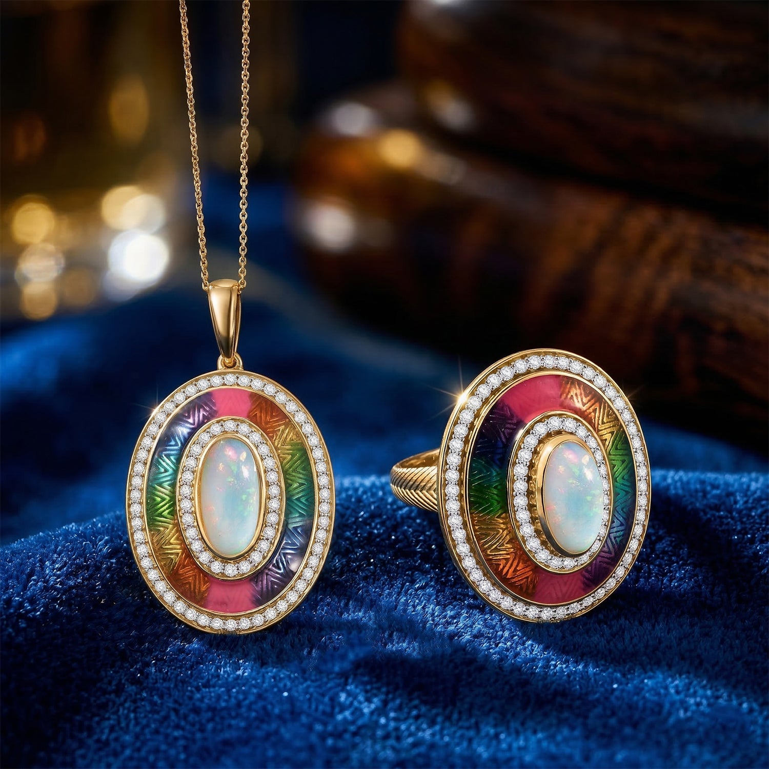 D'Joy AA natürlicher, äthiopischer Welo Opal und Zirkon Ring und Anhänger mit 50cm Kette