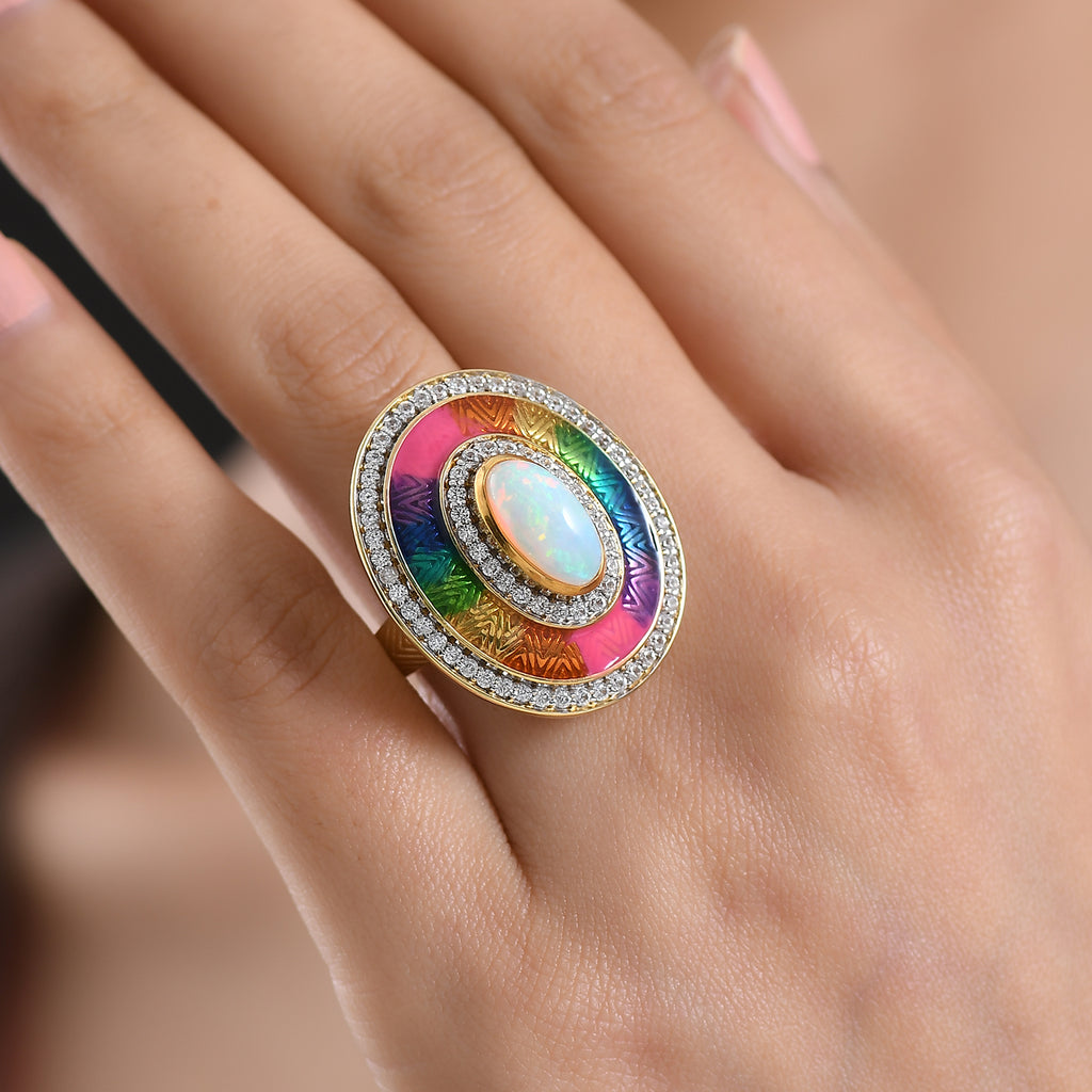 D'Joy AA natürlicher, äthiopischer Welo Opal und Zirkon Ring und Anhänger mit 50cm Kette