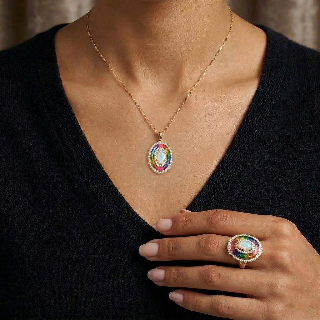D'Joy AA natürlicher, äthiopischer Welo Opal und Zirkon Ring und Anhänger mit 50cm Kette