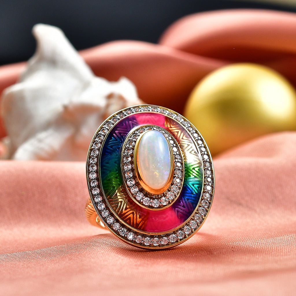 D'Joy AA natürlicher, äthiopischer Welo Opal und Zirkon Ring und Anhänger mit 50cm Kette