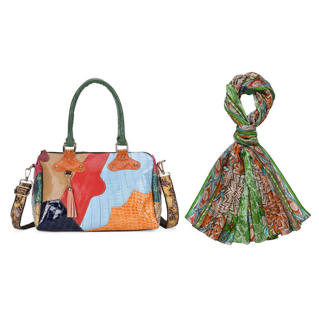 Chaos By Elsie - Krokodil-Muster Echtleder Crossbody Tasche und LA MAREY Schal aus 100 % Maulbeerseide