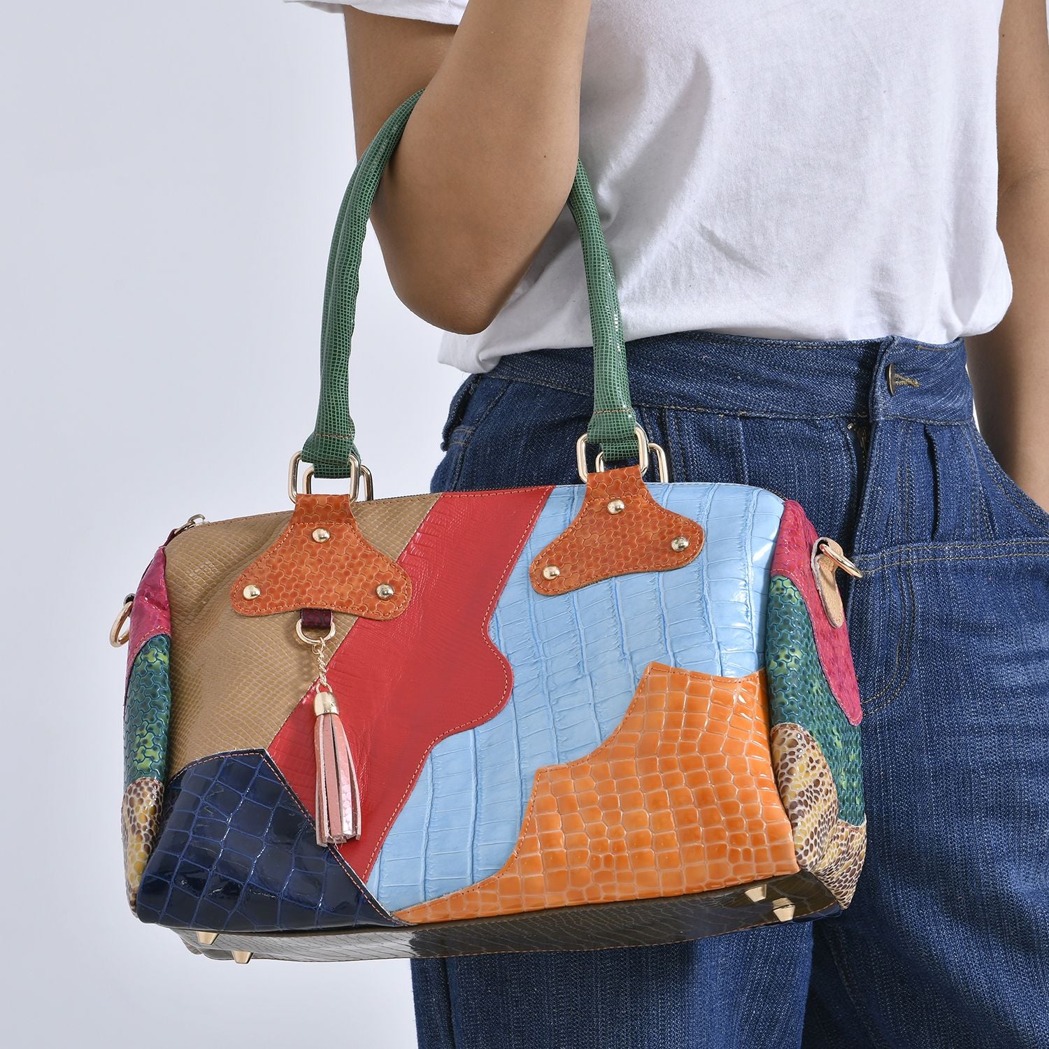Chaos By Elsie - Krokodil-Muster Echtleder Crossbody Tasche und LA MAREY Schal aus 100 % Maulbeerseide