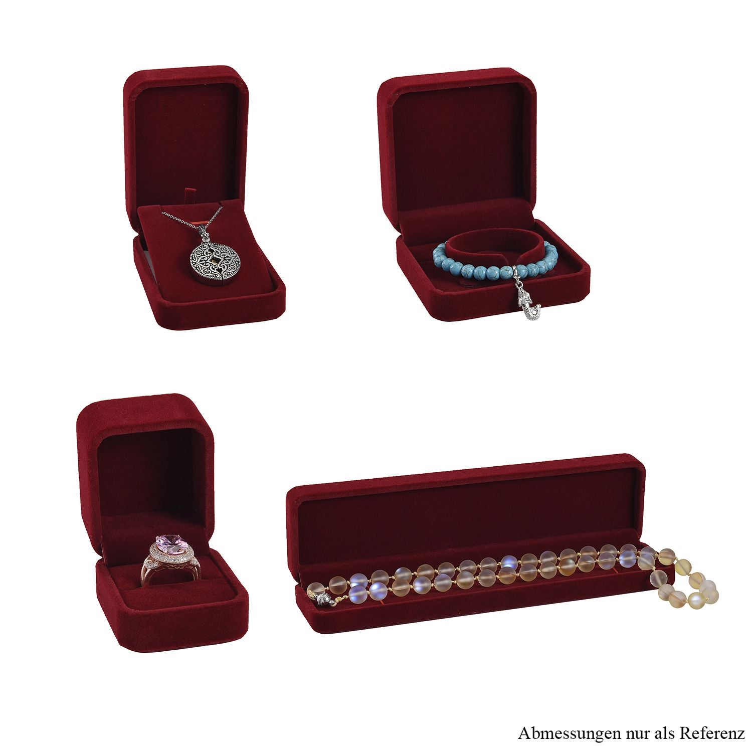 4er Set - Samtene Schmuckschatullen, Ringschachtel, Anhängerschachtel, Armbandschachtel und Kettenschachtel, Rot