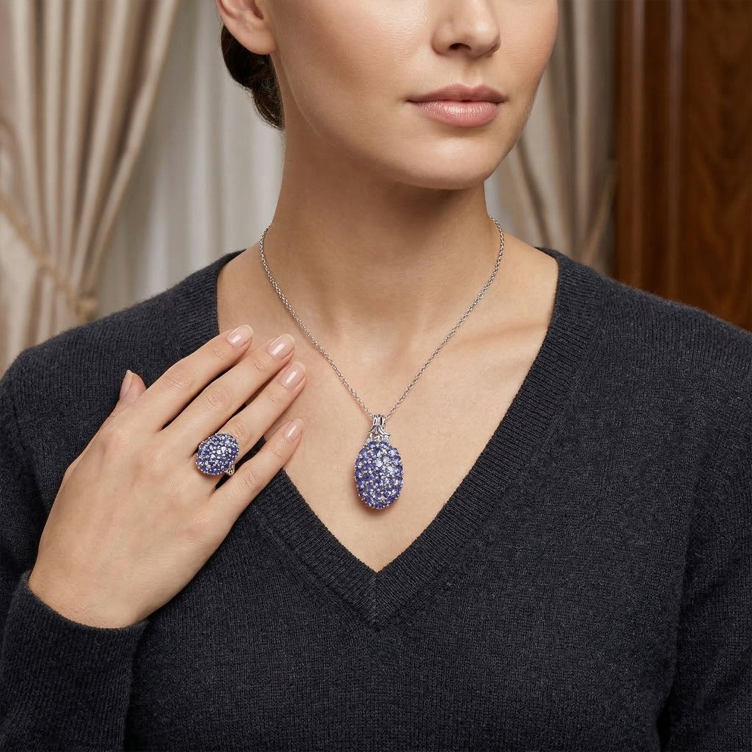 D'Joy Tansanit und Zirkon Ring und Anhänger mit 50cm Kette