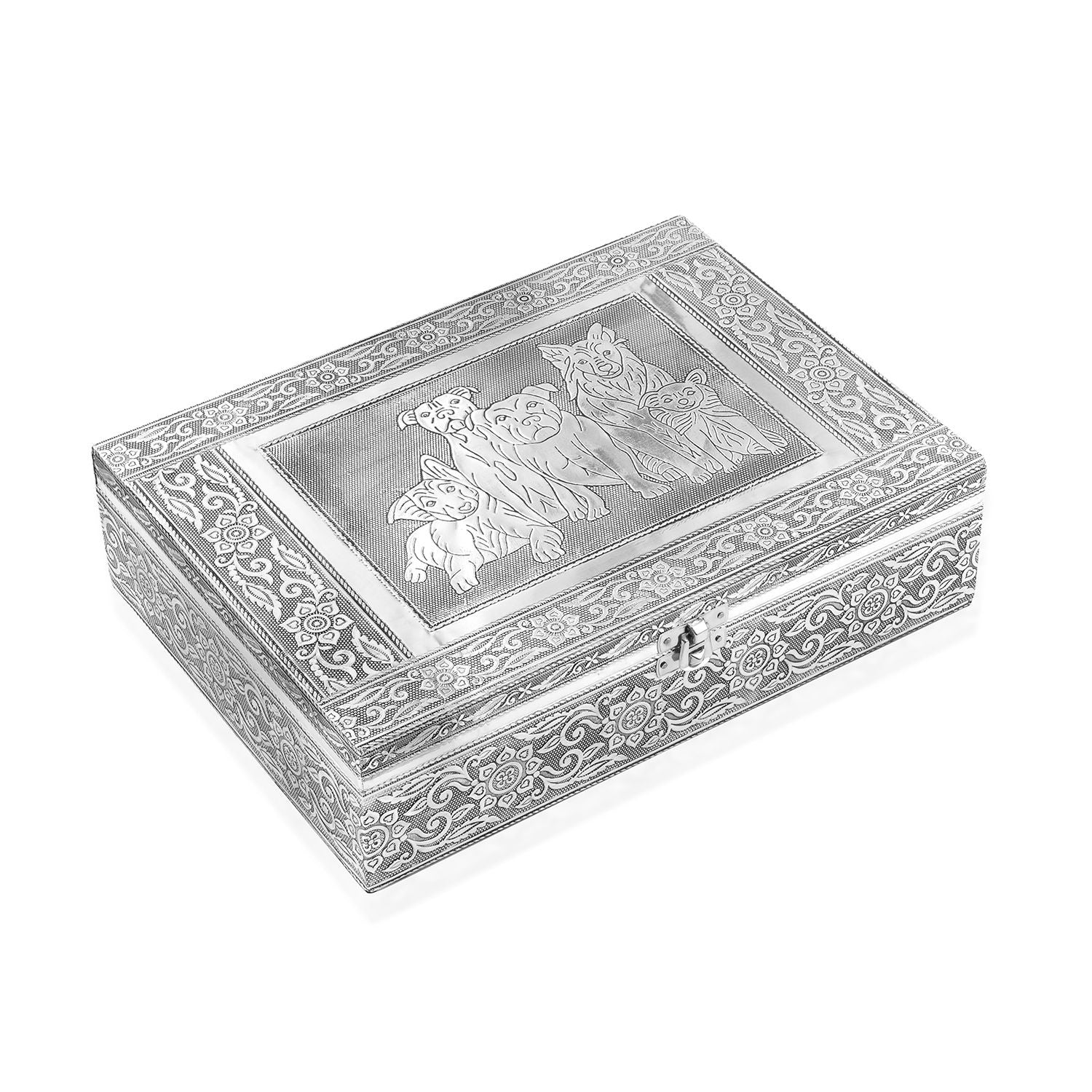 Schmuckkästchen aus Holz mit Aluminiumbeschlag, Hunde-Verzierung, Silber