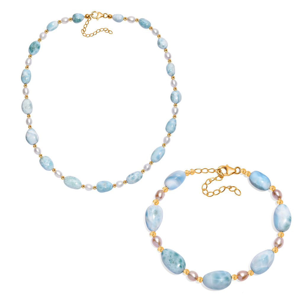 AA Larimar und Süßwasser Perle 45cm Halskette und 19cm Armband