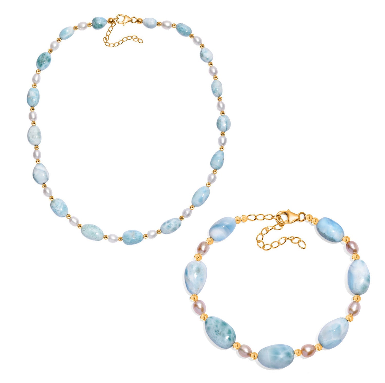 AA Larimar und Süßwasser Perle 45cm Halskette und 19cm Armband
