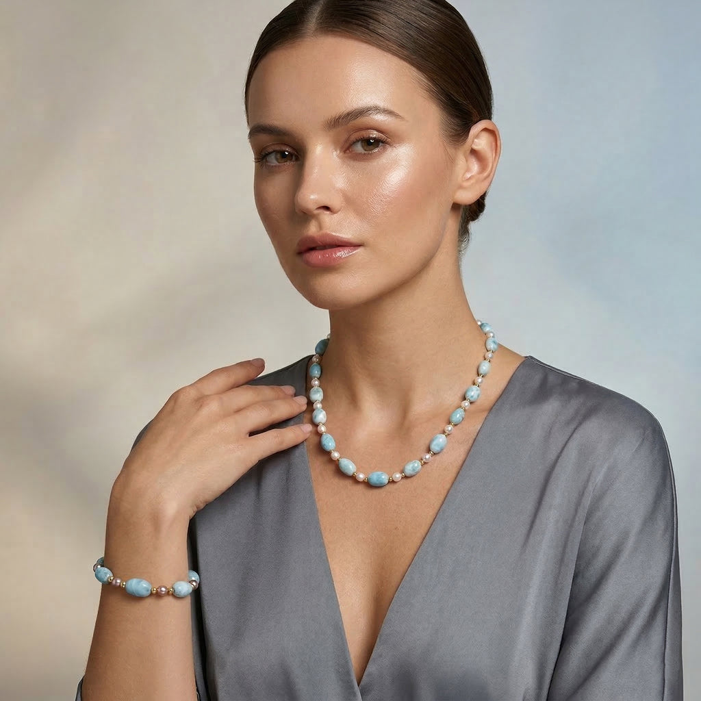 AA Larimar und Süßwasser Perle 45cm Halskette und 19cm Armband
