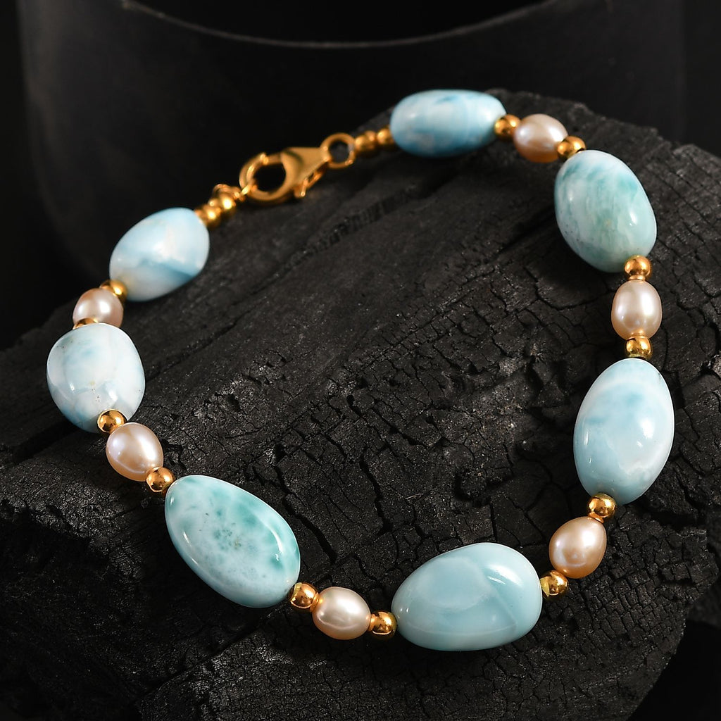 AA Larimar und Süßwasser Perle 45cm Halskette und 19cm Armband