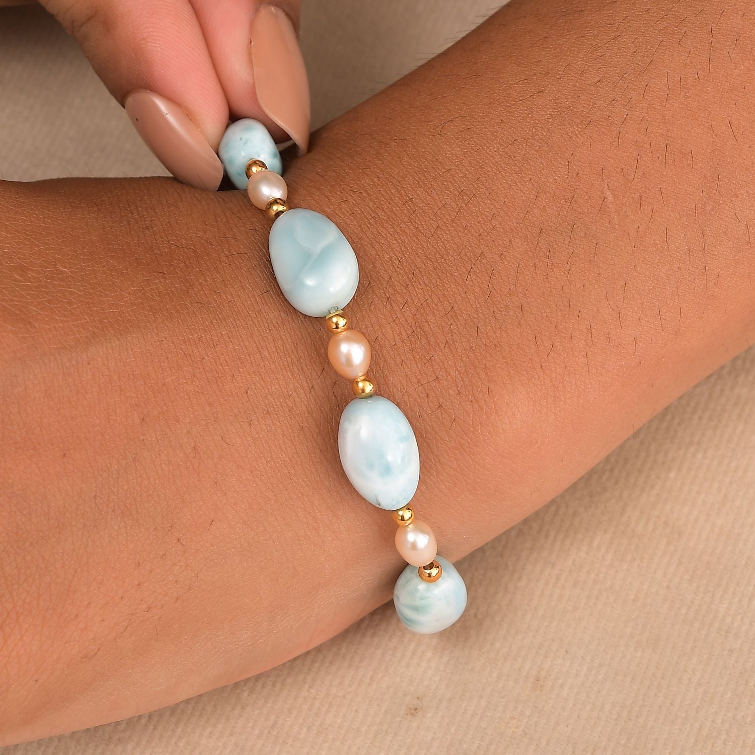 AA Larimar und Süßwasser Perle 45cm Halskette und 19cm Armband