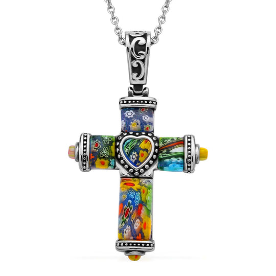 Kreuz 60cm Halskette im Murano-Stil, Edelstahl Bicolor