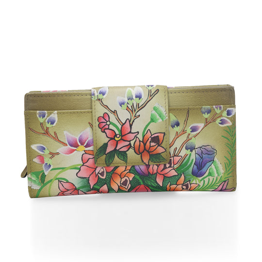 Sukriti - handbemalte Brieftasche aus echtem Leder mit RFID Schutz, Blumenmuster blau