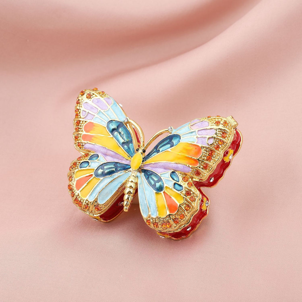 Tablettendöschen mit weißen Kristallen, emailliert, Mehrfarbig, Schmetterling