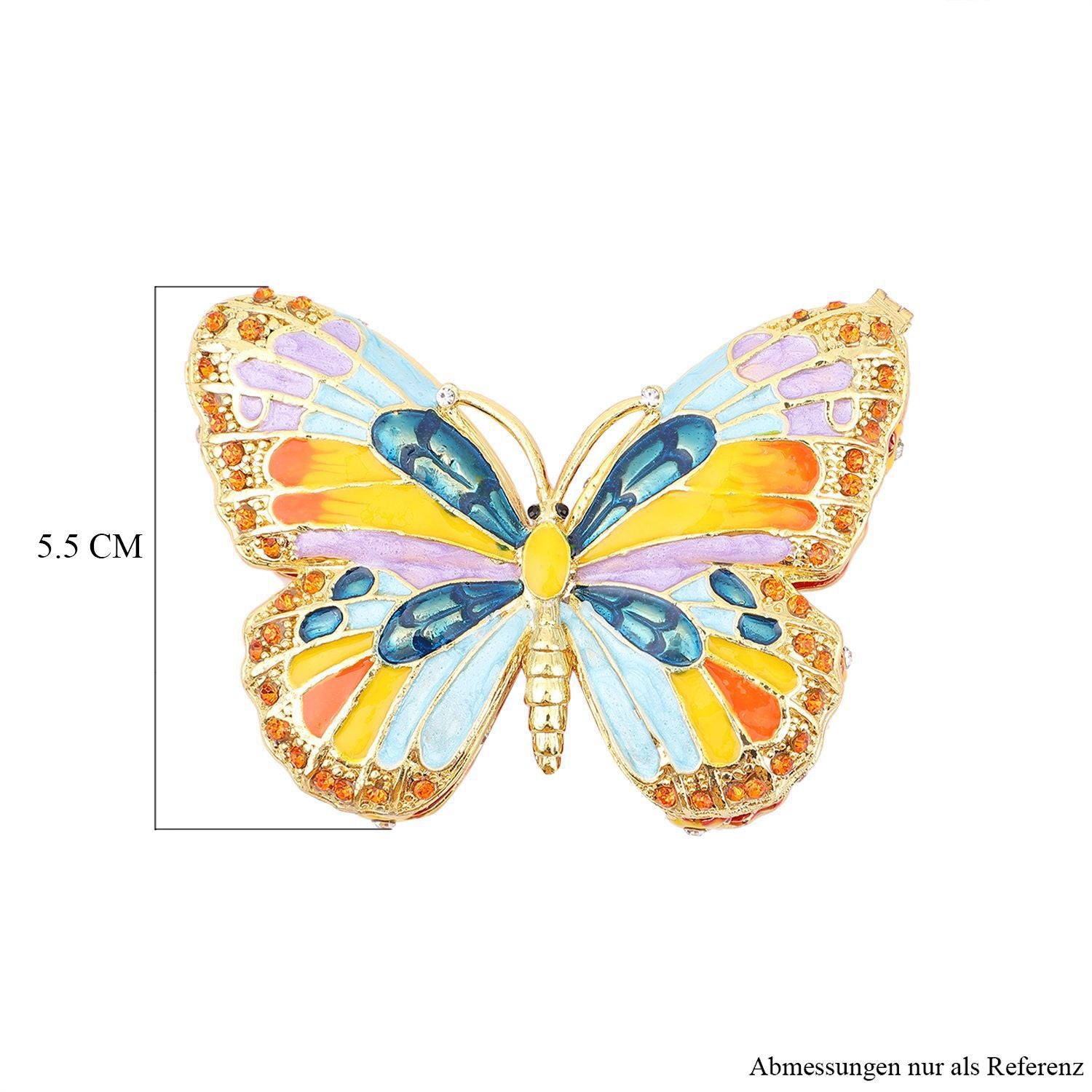 Tablettendöschen mit weißen Kristallen, emailliert, Mehrfarbig, Schmetterling