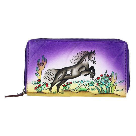 Sukriti - handbemalte Brieftasche aus echtem Leder mit RFID Schutz, Blumenmuster blau