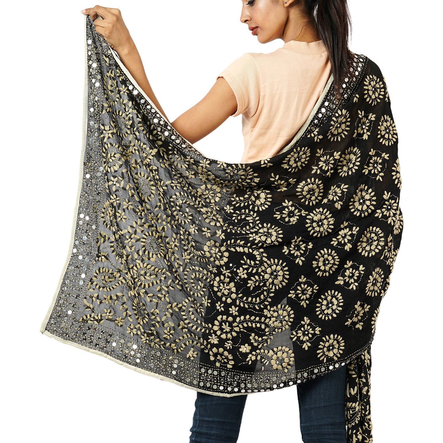 Phulkari Schal, Hand-Bestickt, 90x200 cm, schwarz