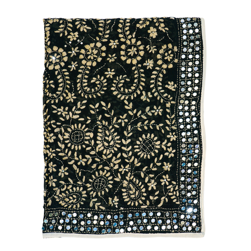 Phulkari Schal, Hand-Bestickt, 90x200 cm, schwarz