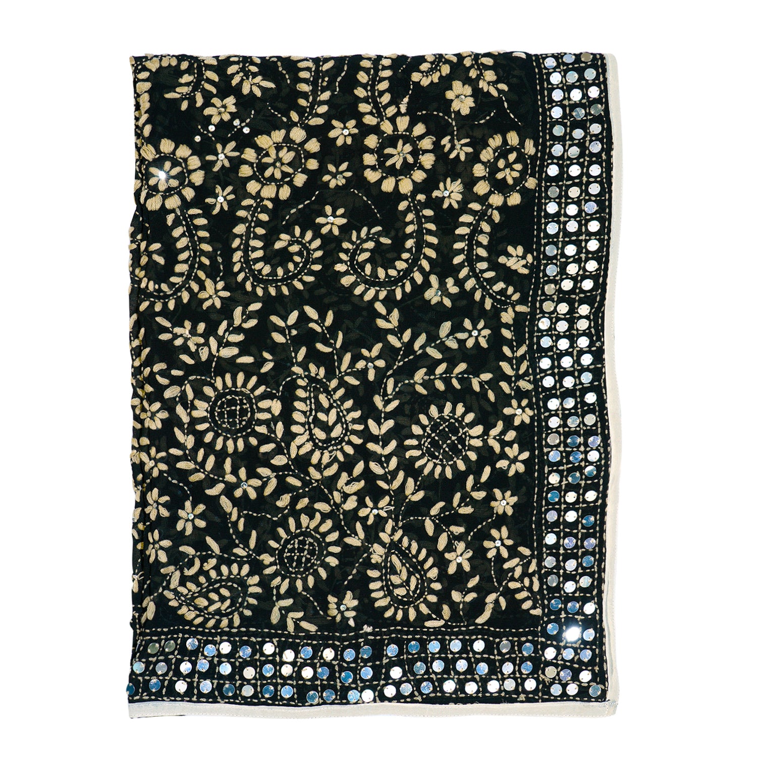 Phulkari Schal, Hand-Bestickt, 90x200 cm, schwarz