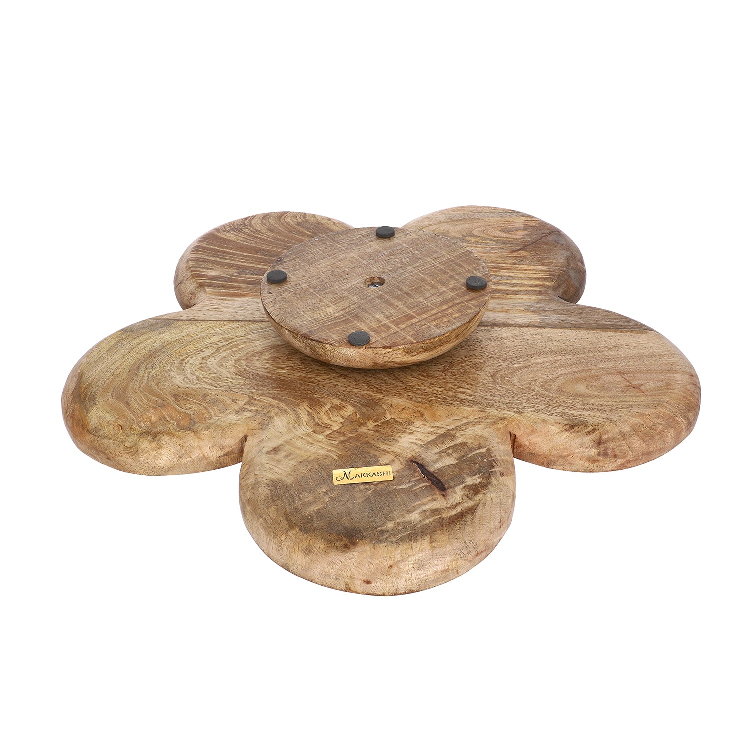 NAKKASHI - Handgeschnitztes drehbares Serviertablett aus Mangoholz, 40 cm Durchmesser, Antikes Finish