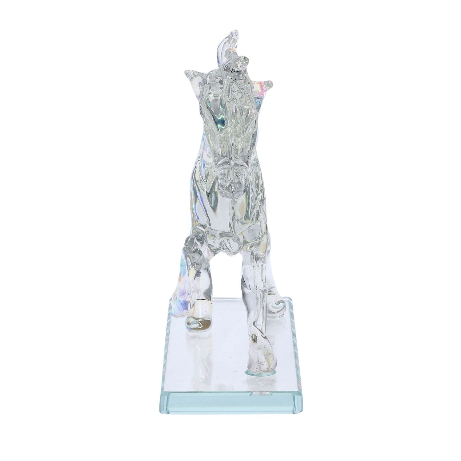 Dekorative Kristallglas-Pferdefigur auf quadratischem Ständer, Größe 12x12x6 cm, Regenbogen