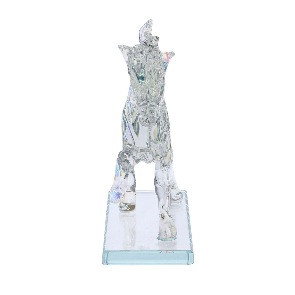 Dekorative Kristallglas-Pferdefigur auf quadratischem Ständer, Größe 12x12x6 cm, Regenbogen