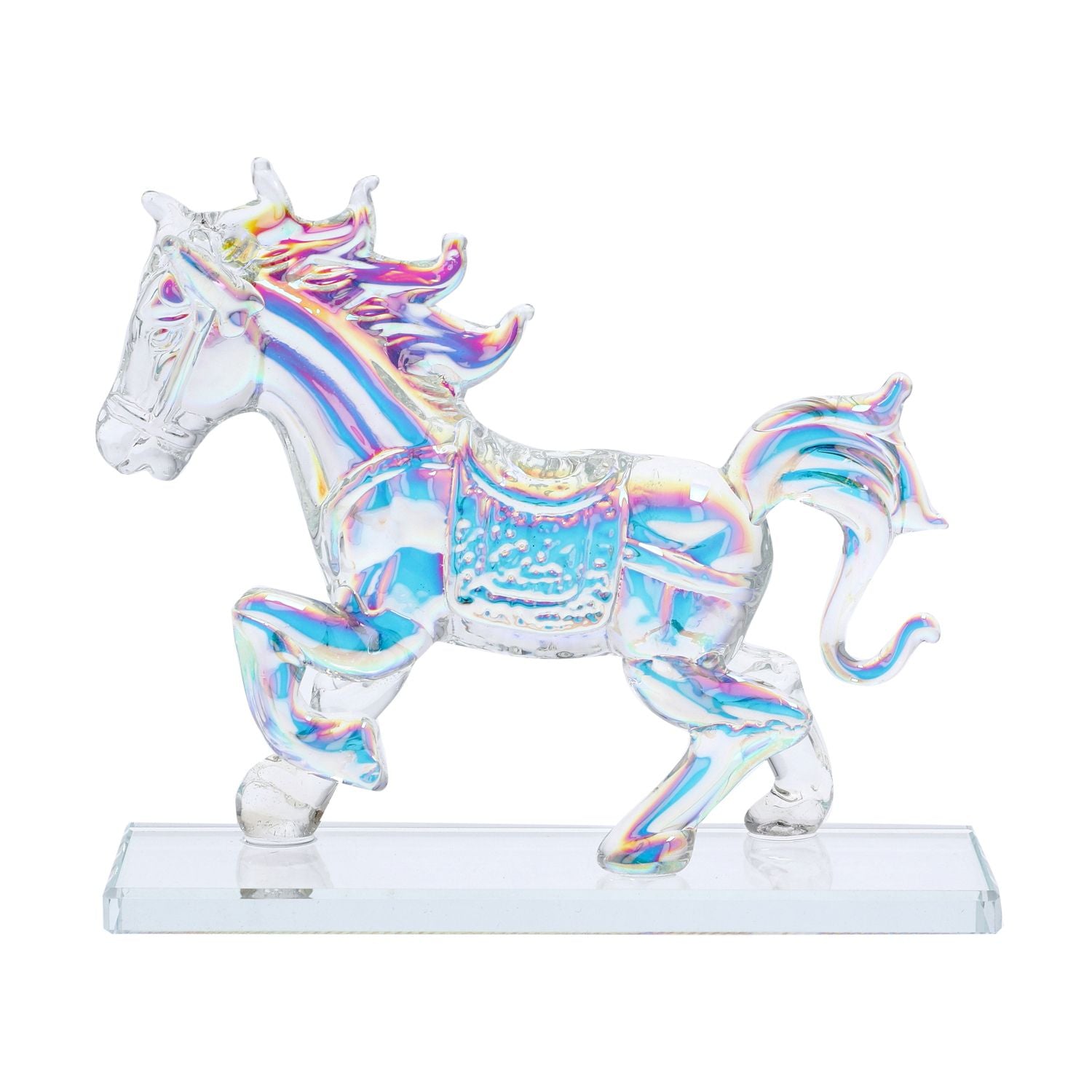 Dekorative Kristallglas-Pferdefigur auf quadratischem Ständer, Größe 12x12x6 cm, Regenbogen