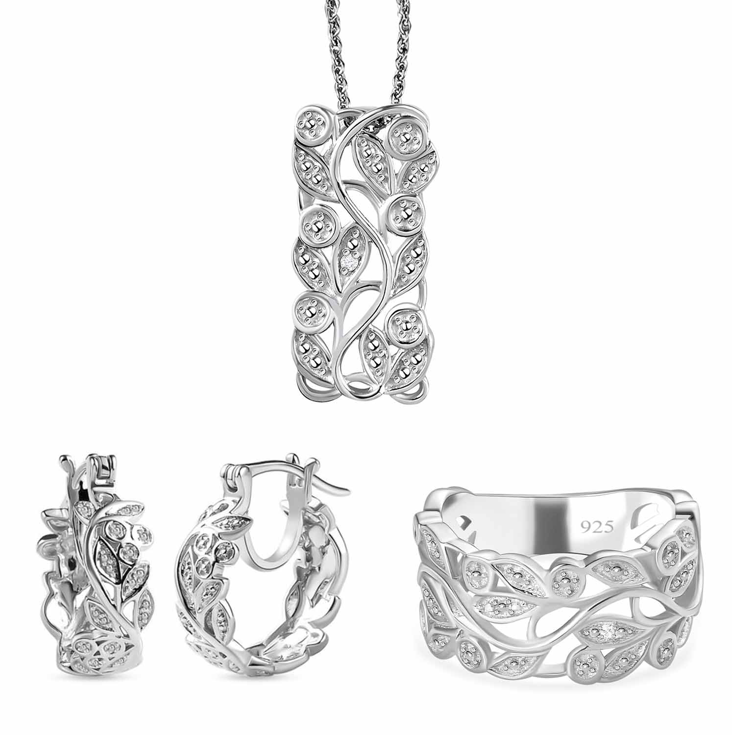 ALLORO Ring, Creolen und Anhänger mit Diamantakzenten, Silber platiniert