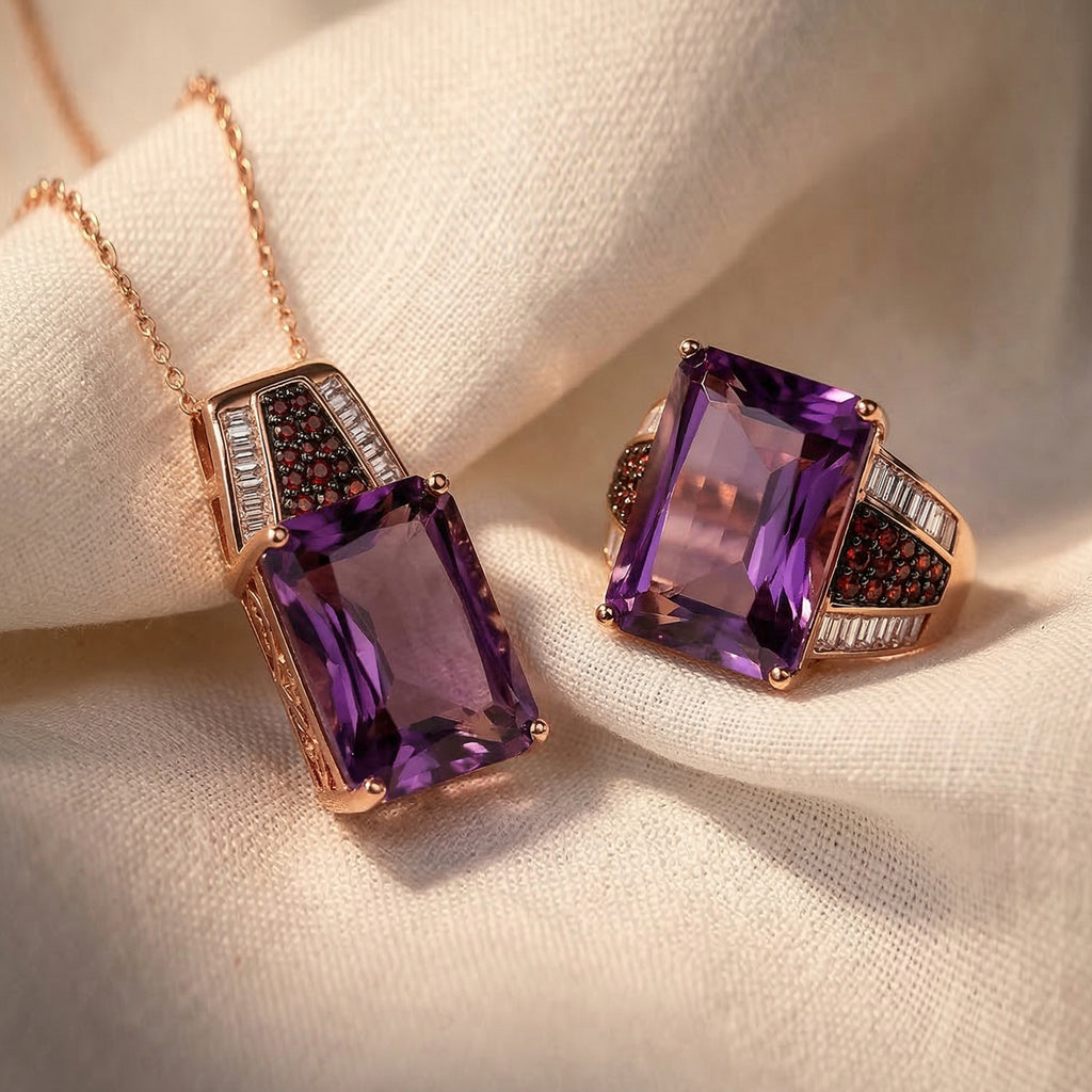 D'Joy Rose De France Amethyst, Moissanit und Mosambik Granat Ring und Anhänger mit 50cm Kette