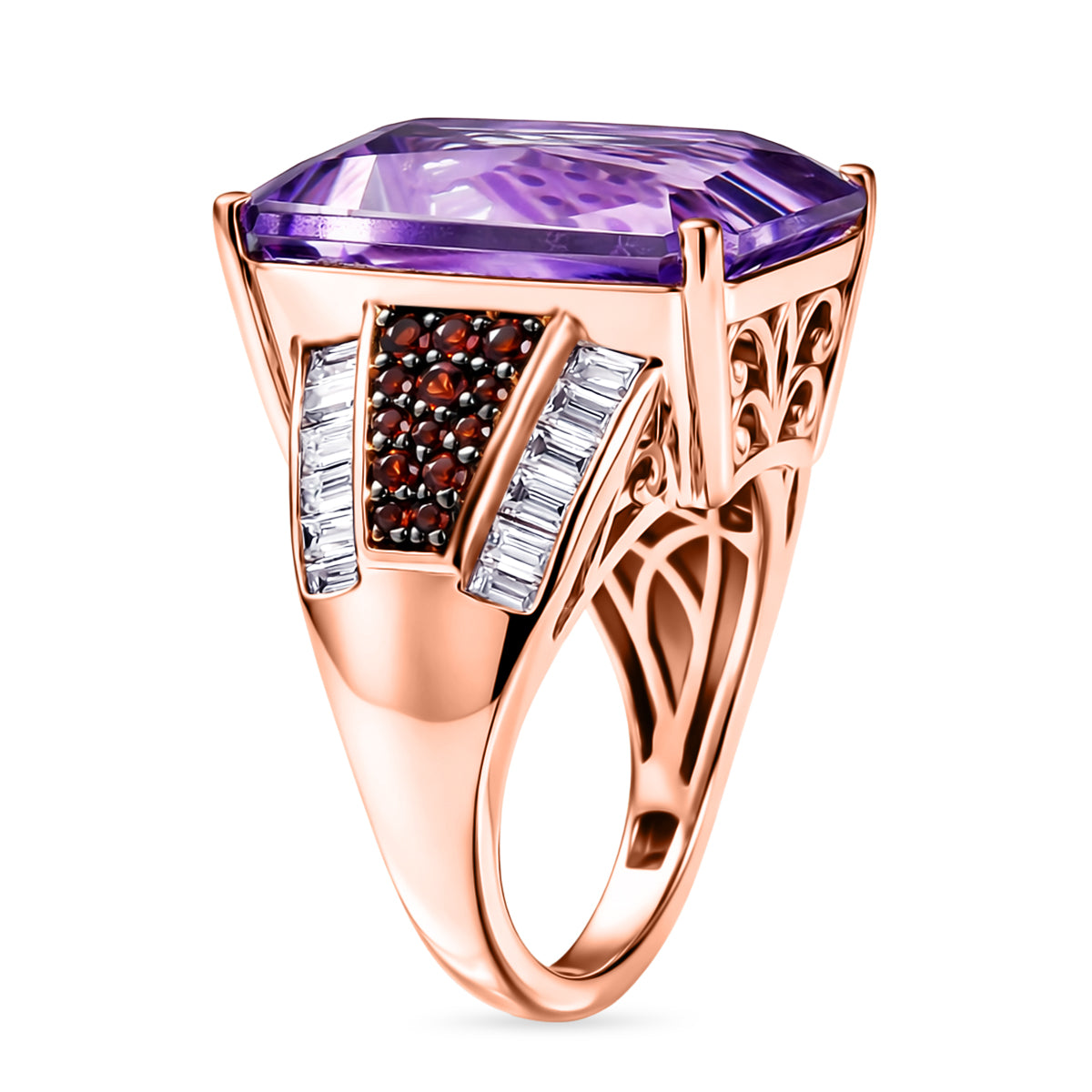 D'Joy Rose De France Amethyst, Moissanit und Mosambik Granat Ring und Anhänger mit 50cm Kette