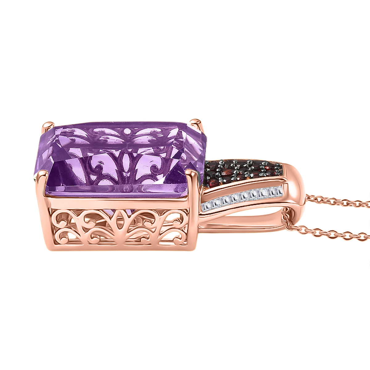 D'Joy Rose De France Amethyst, Moissanit und Mosambik Granat Ring und Anhänger mit 50cm Kette